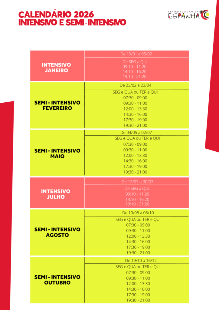 CALENDÁRIO 2026 INTENSIVO E SEMI-INTENSIVO