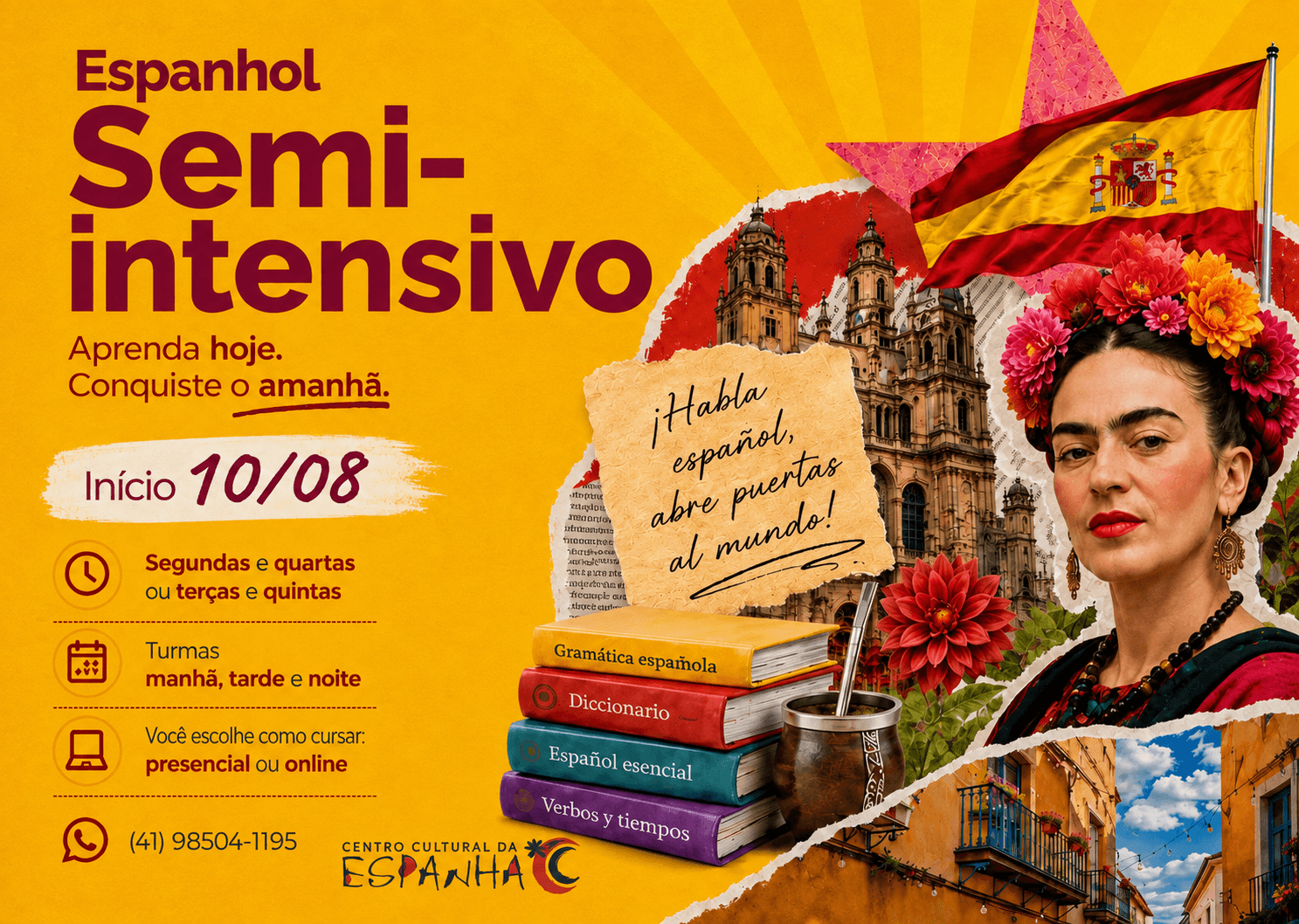 Curso de espanhol semi-intensivo do Centro Cultural da Espanha com início em 10 de agosto, aulas presenciais ou online.