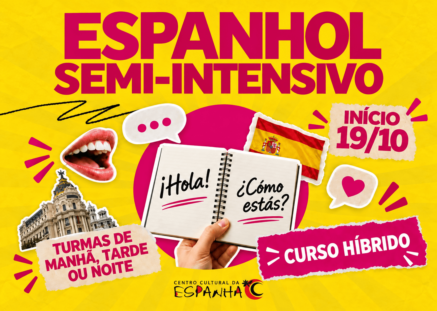 Curso de espanhol semi-intensivo do CCE com início em 19 de outubro, turmas de manhã, tarde e noite e aulas híbridas.